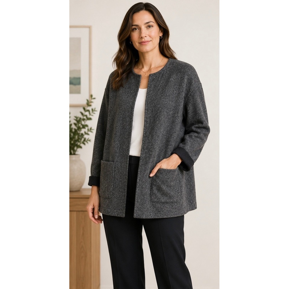 Eileen Fisher M Lambswool Cotton Wool Jacket Blue Gray Open Front Cardigan Coat